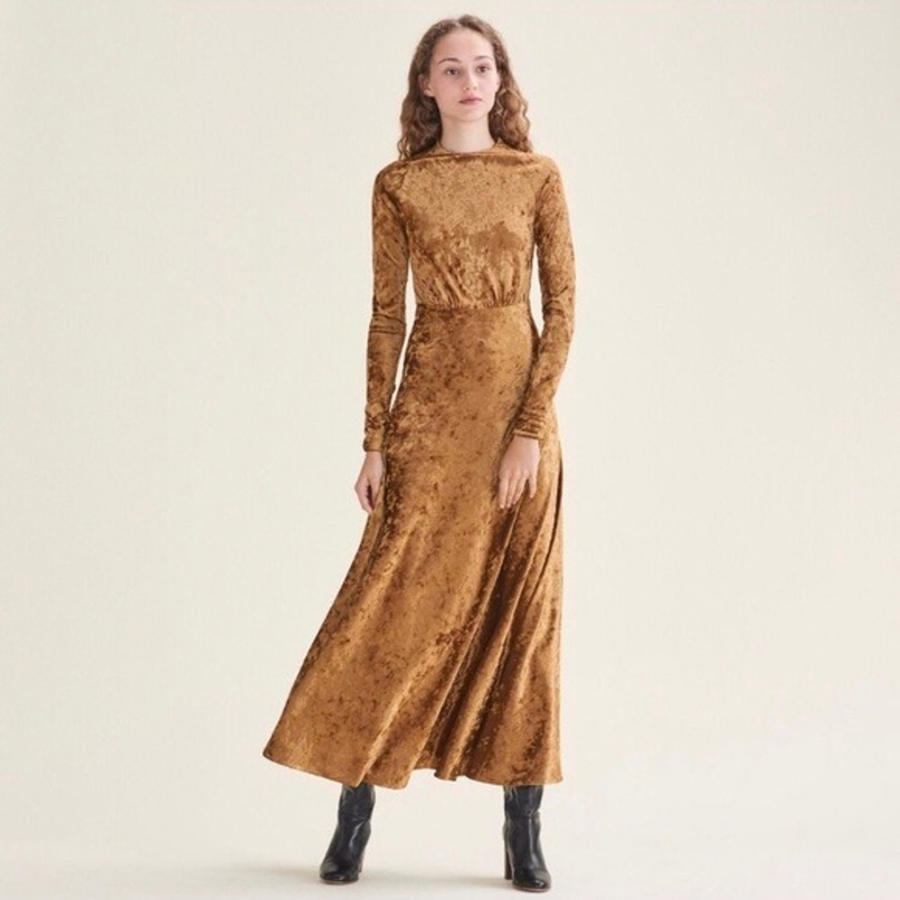 Maje Roemi Gold Crushed Velvet Maxi Dress Long Sleeves